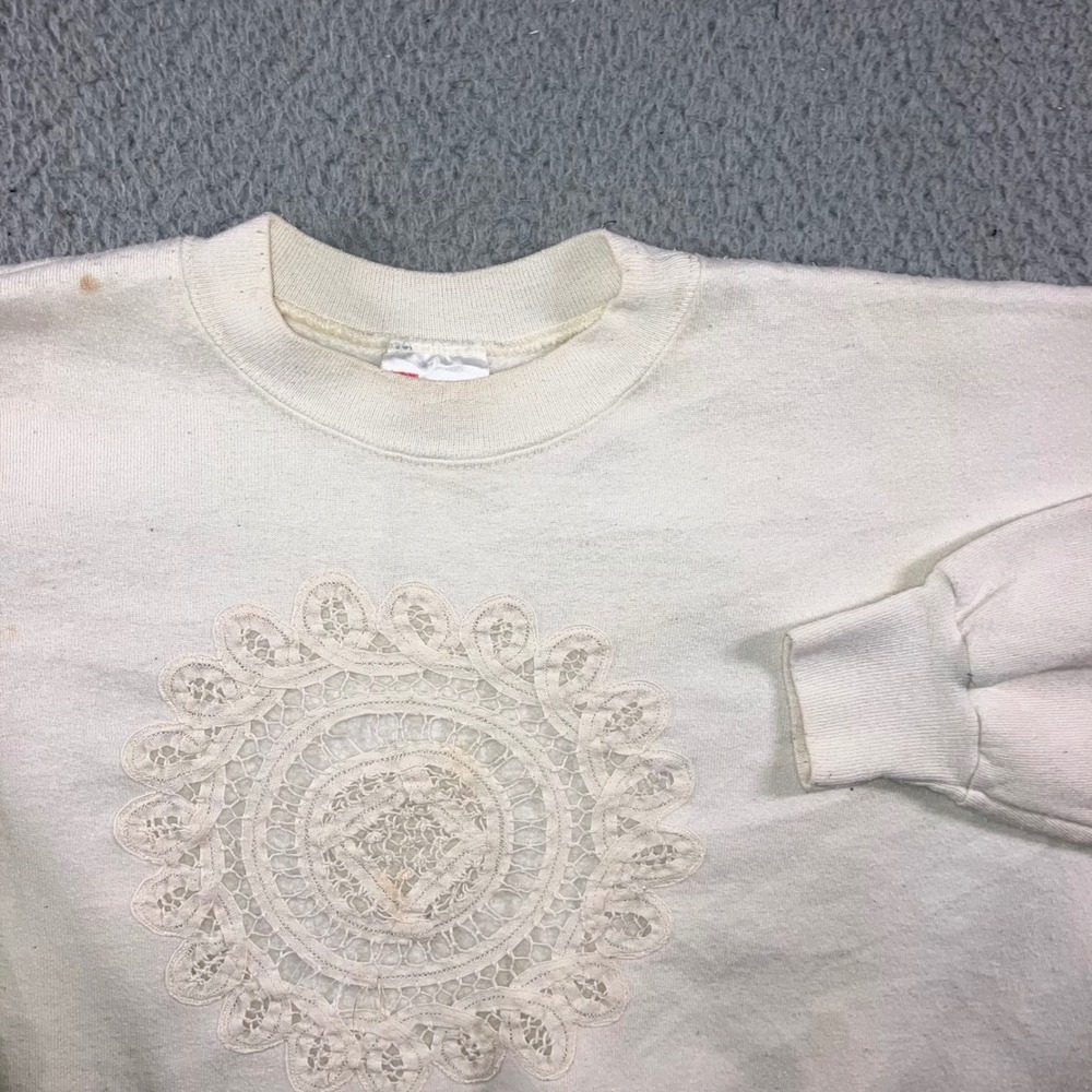Vintage 90s Hanes Sweatshirt XL Cream Crochet Lace Doily Grandma Cottage Flaws